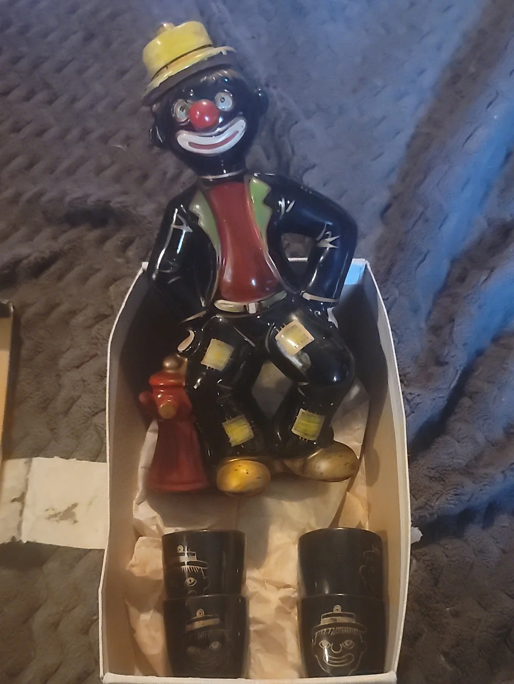 Vintage Black Americana Clown Decanter Set 5pc Shot Cups